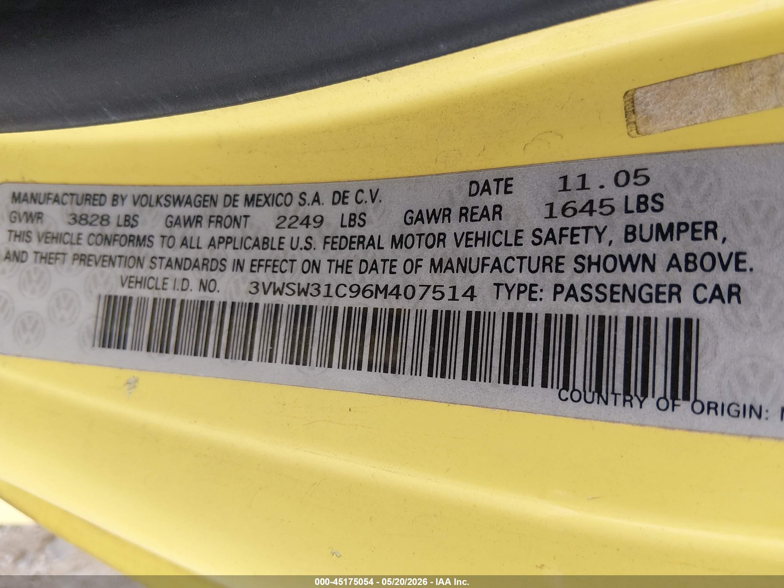 2006 Volkswagen New Beetle 2.5/2.5 (a6) Yellow vin: 3VWSW31C96M407514
