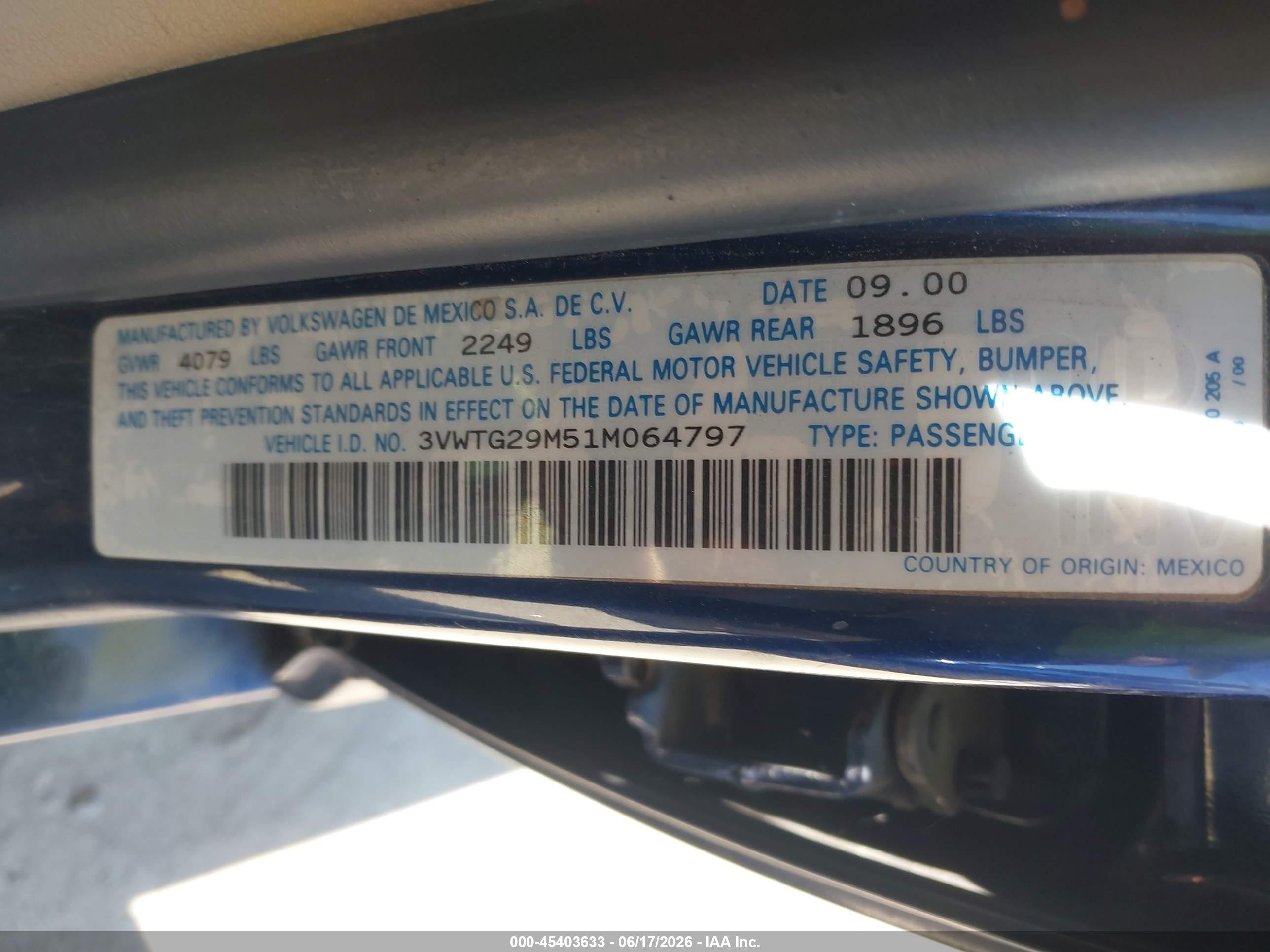 2001 Volkswagen Jetta Glx Dark Blue vin: 3VWTG29M51M064797
