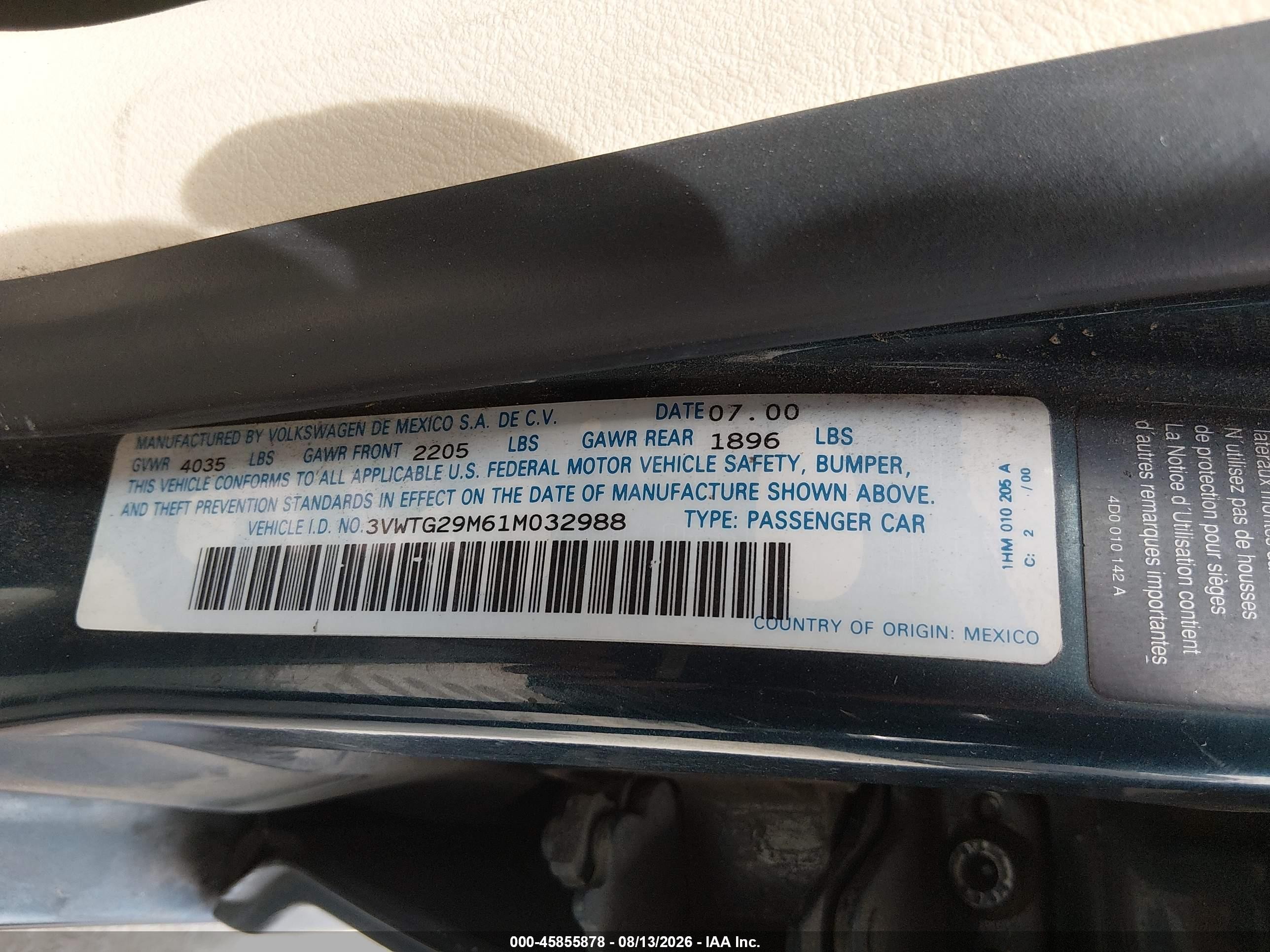 2001 Volkswagen Jetta Glx Teal vin: 3VWTG29M61M032988