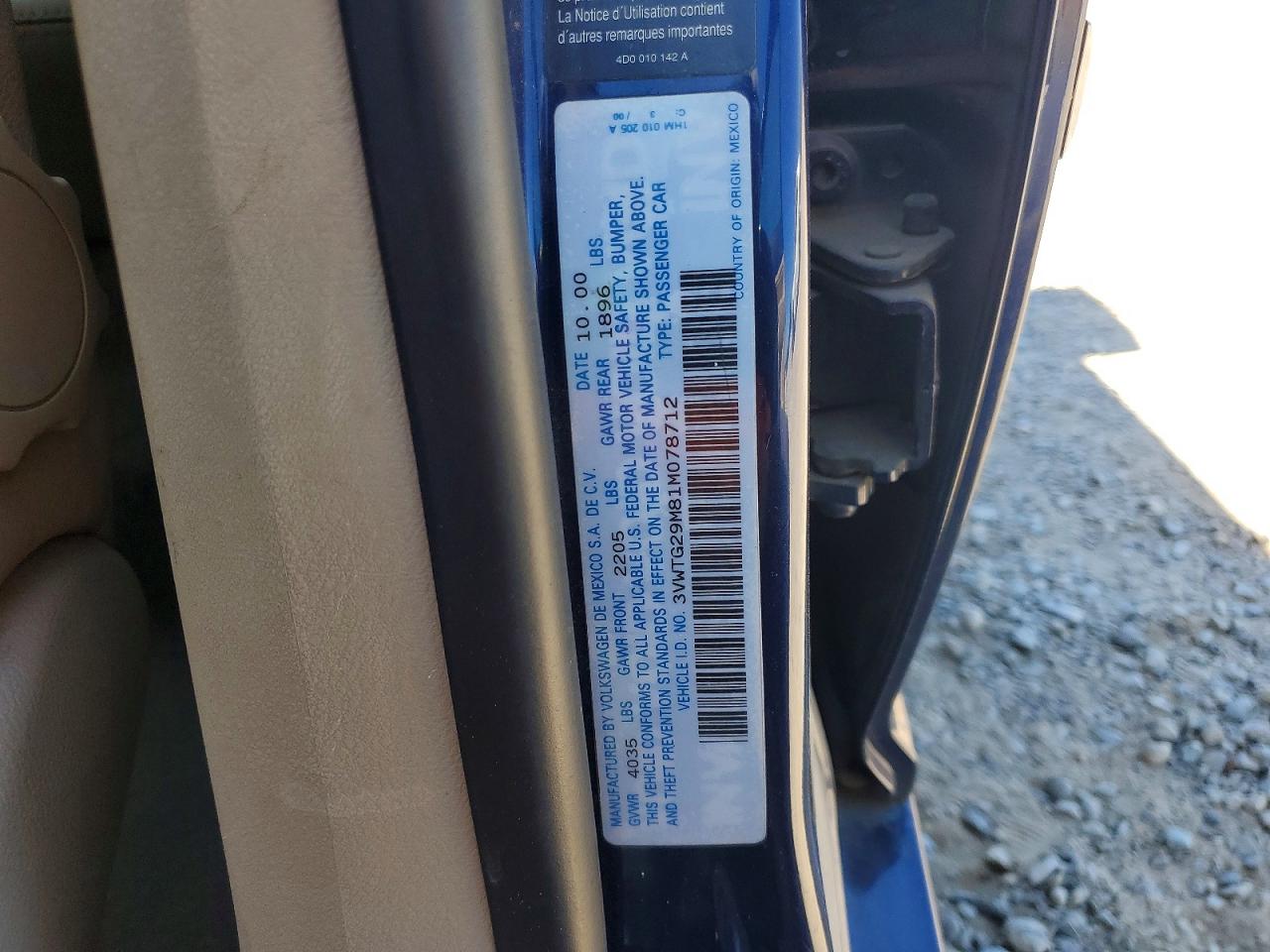 2001 Volkswagen Jetta Glx Blue vin: 3VWTG29M81M078712