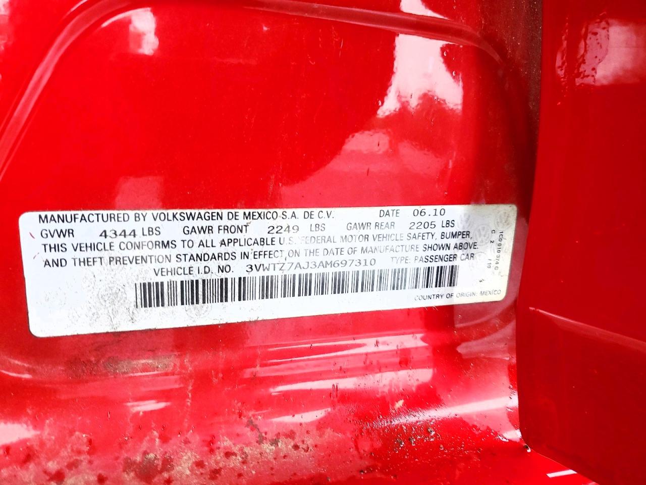 2010 Volkswagen Jetta Se Red vin: 3VWTZ7AJ3AM697310