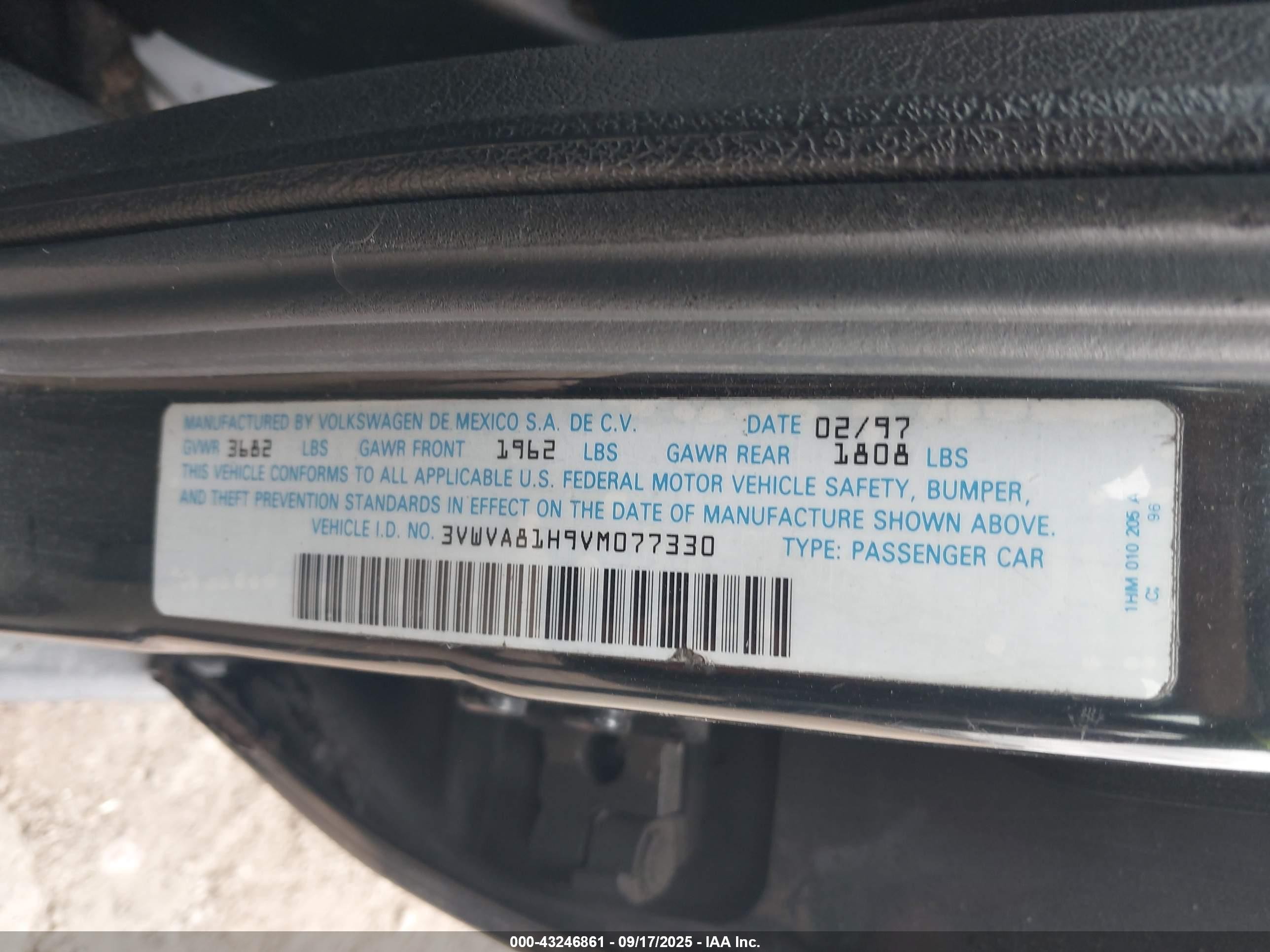1997 Volkswagen Jetta Gt Black vin: 3VWVA81H9VM077330