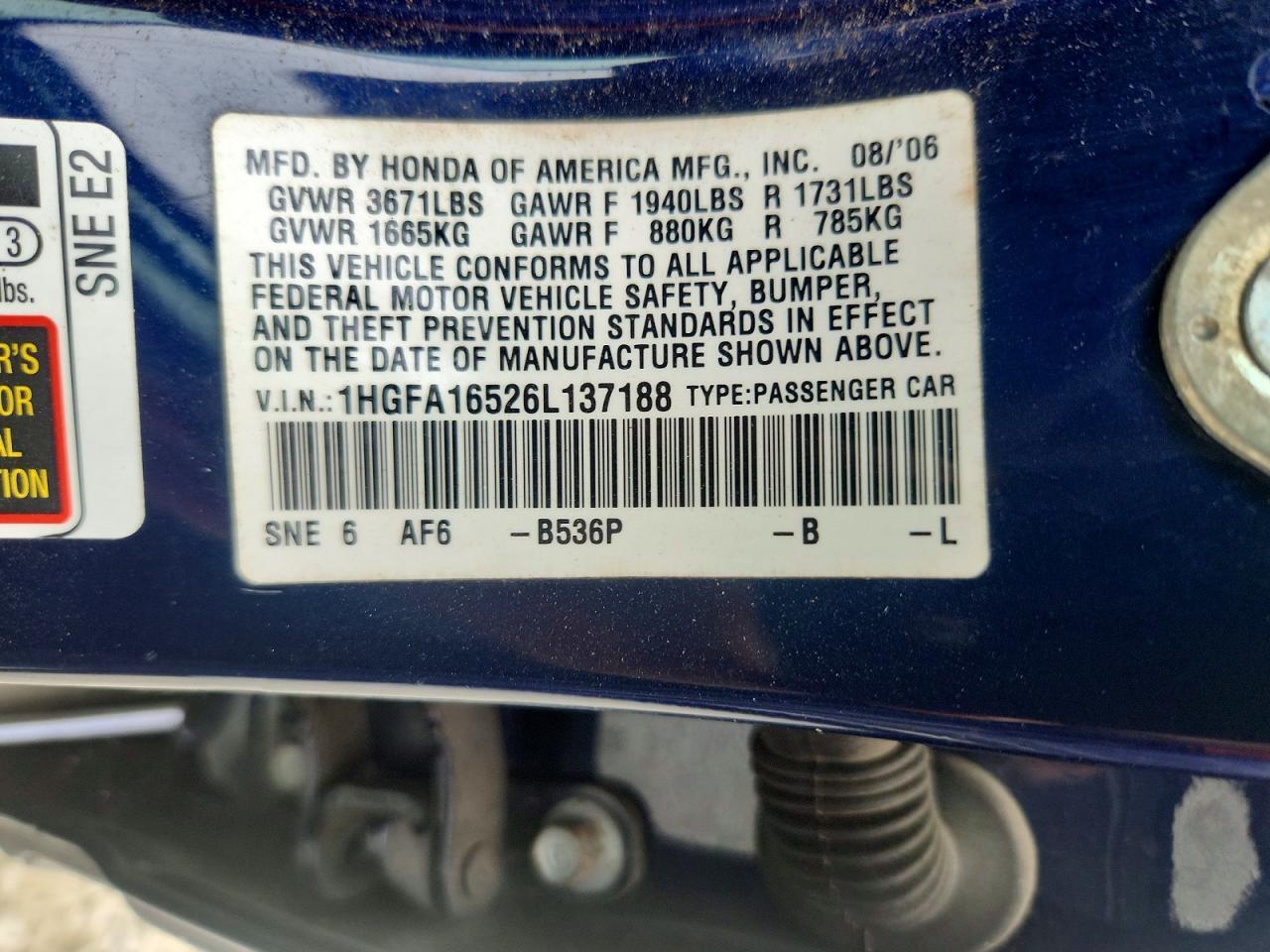 2006 Honda Civic Lx Blue vin: 1HGFA16526L137188