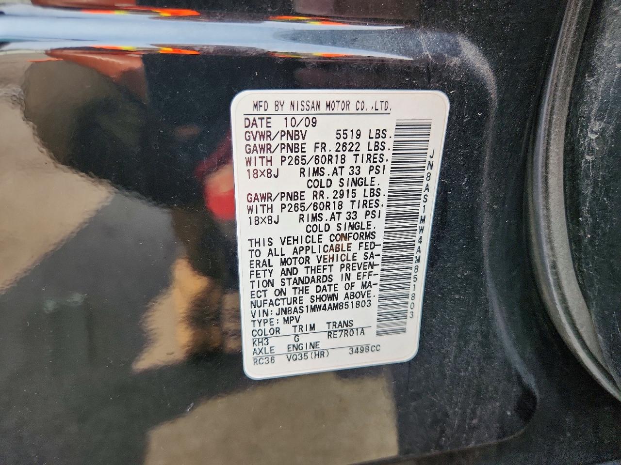 2010 Infiniti Fx35 Base Black vin: JN8AS1MW4AM851803