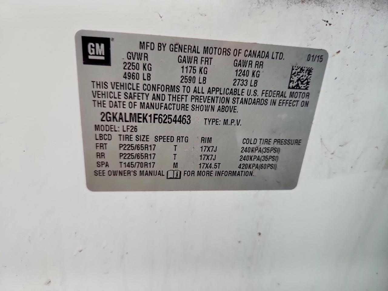 2015 Gmc Terrain Sle White vin: 2GKALMEK1F6254463