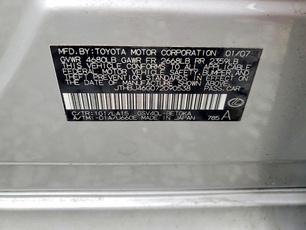 2007 Lexus Es 350 Silver vin: JTHBJ46G072090538