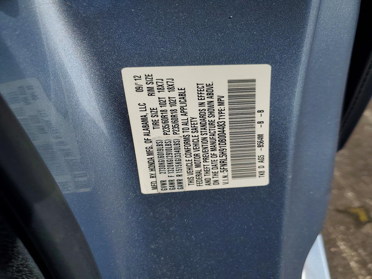2013 Honda Odyssey Touring Blue vin: 5FNRL5H91DB004483