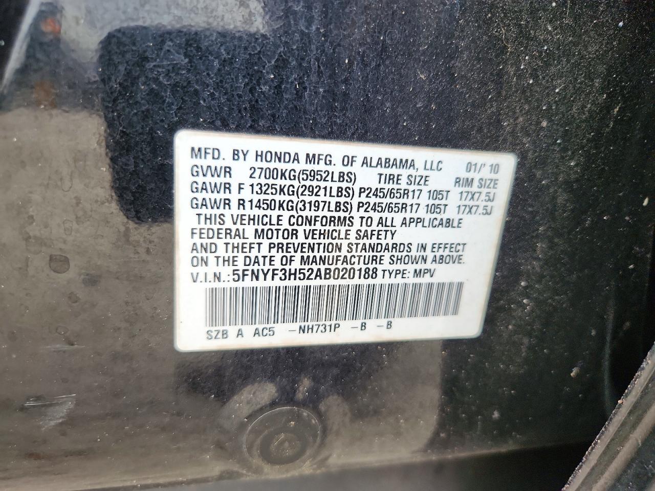 2010 Honda Pilot Exl Black vin: 5FNYF3H52AB020188