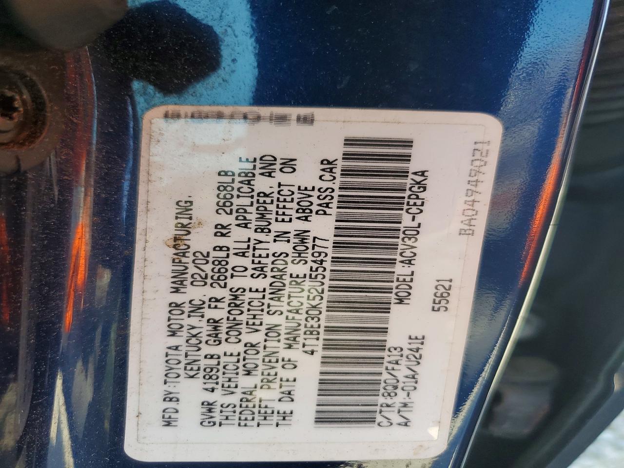 2002 Toyota Camry Xle Blue vin: 4T1BE30K52U554977