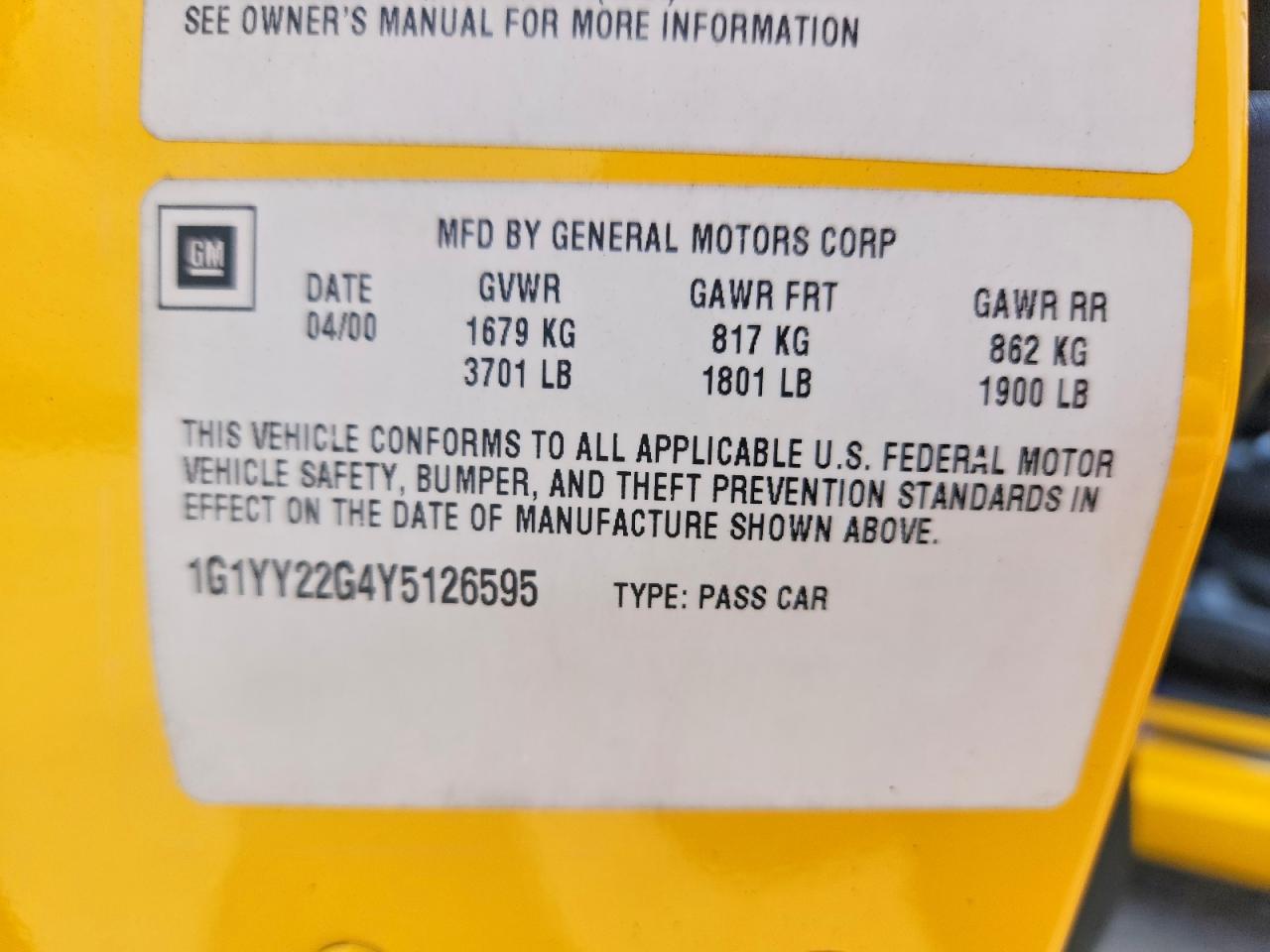 2000 Chevrolet Corvette Yellow vin: 1G1YY22G4Y5126595