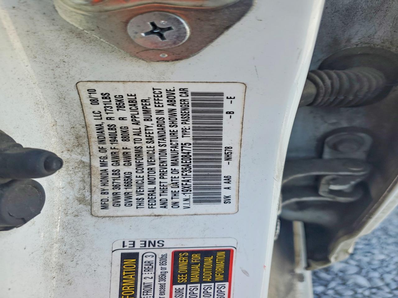 2010 Honda Civic Vp White vin: 19XFA1F35AE084775