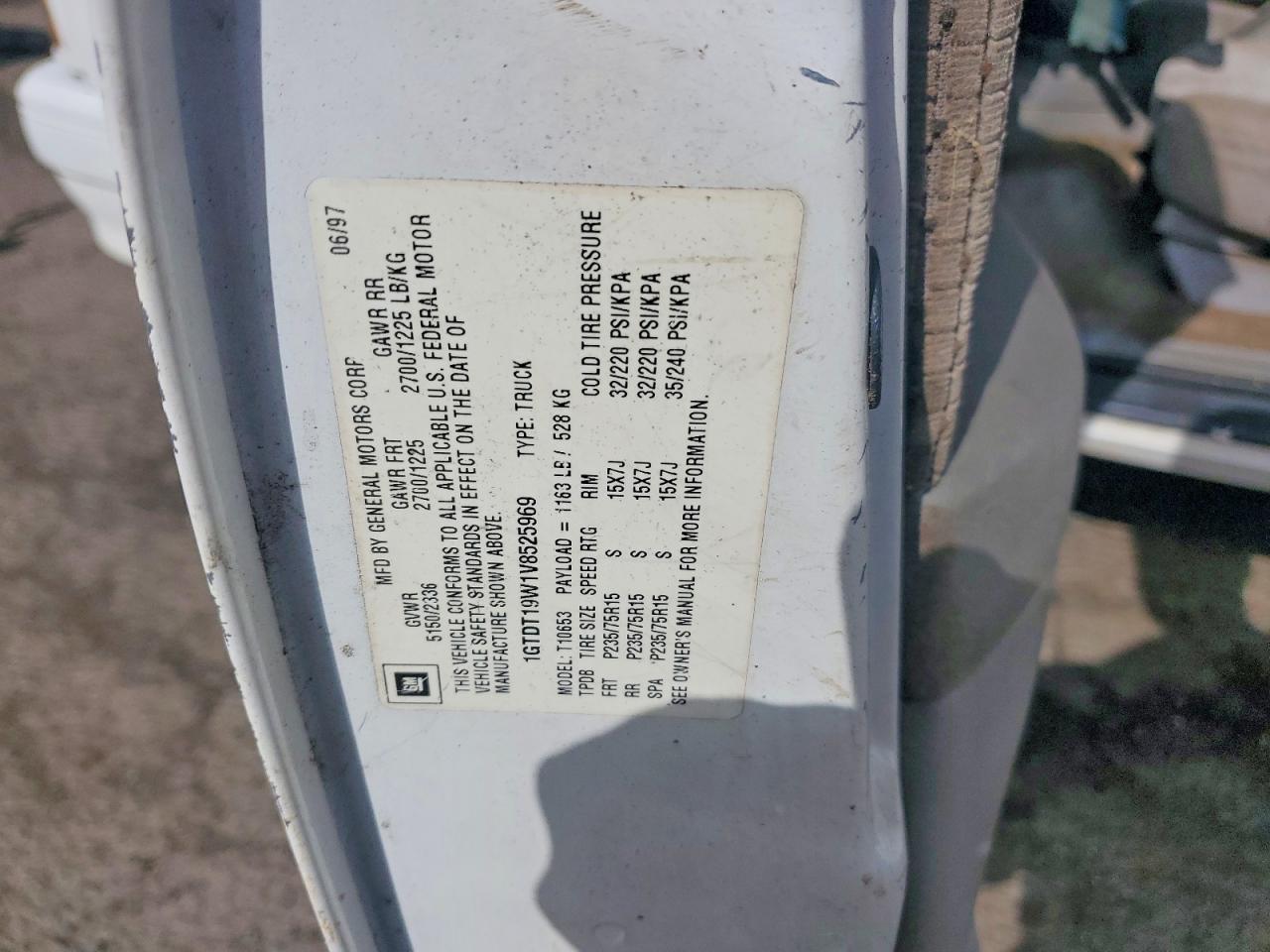 1997 Gmc Sonoma White vin: 1GTDT19W1V8525969