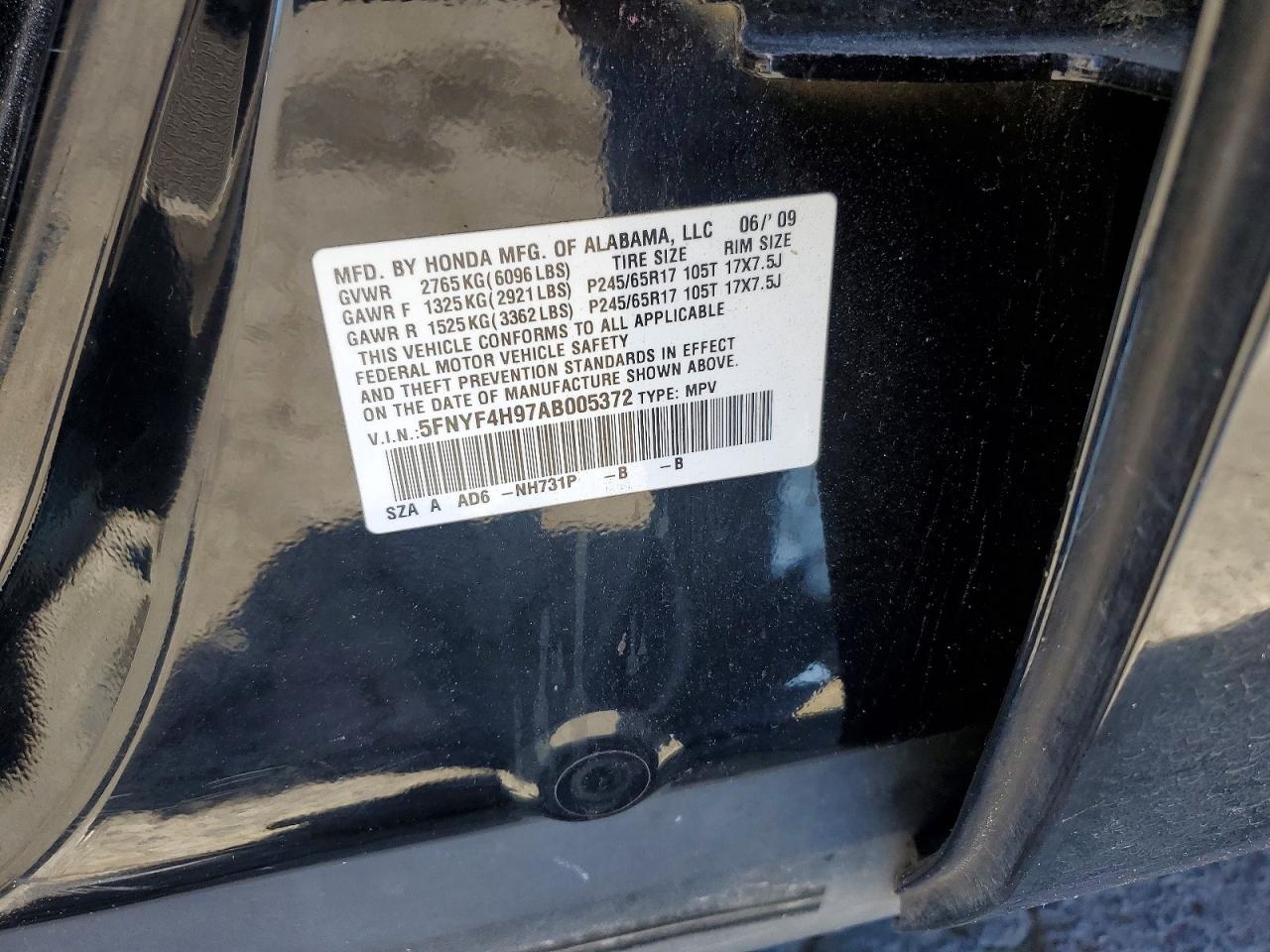 2010 Honda Pilot Touring Black vin: 5FNYF4H97AB005372