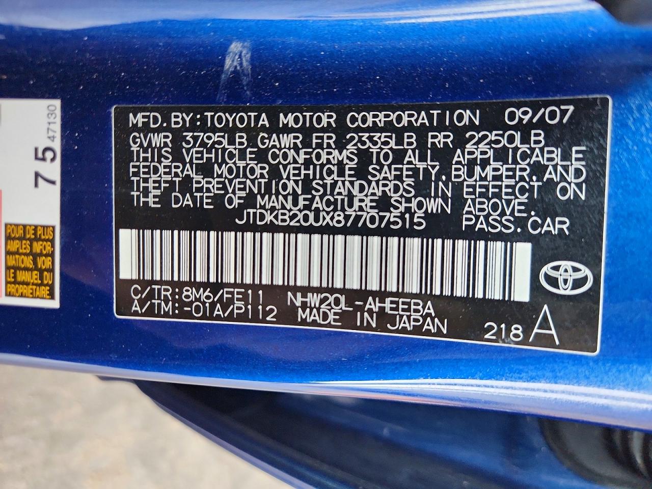 2008 Toyota Prius Base Blue vin: JTDKB20UX87707515