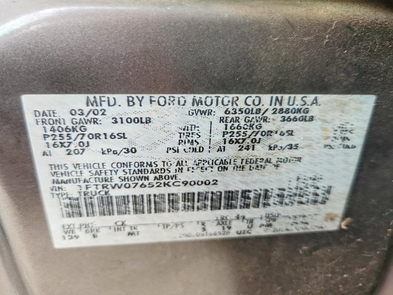 2002 Ford F150 Supercrew Серый vin: 1FTRW07652KC90002