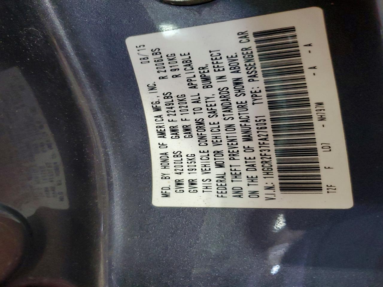 2015 Honda Accord Lx Charcoal vin: 1HGCR2F37FA276051