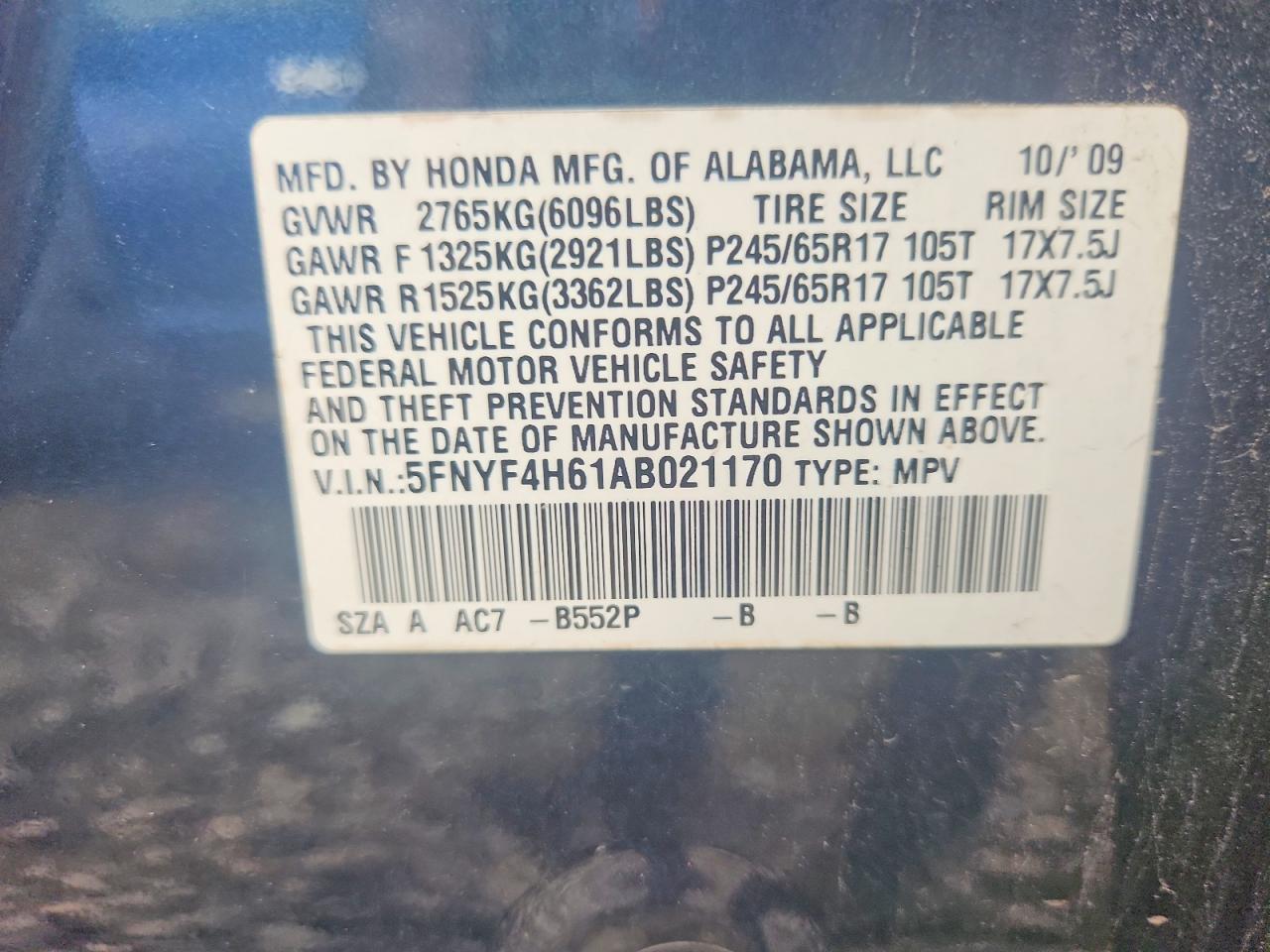 2010 Honda Pilot Exl Blue vin: 5FNYF4H61AB021170