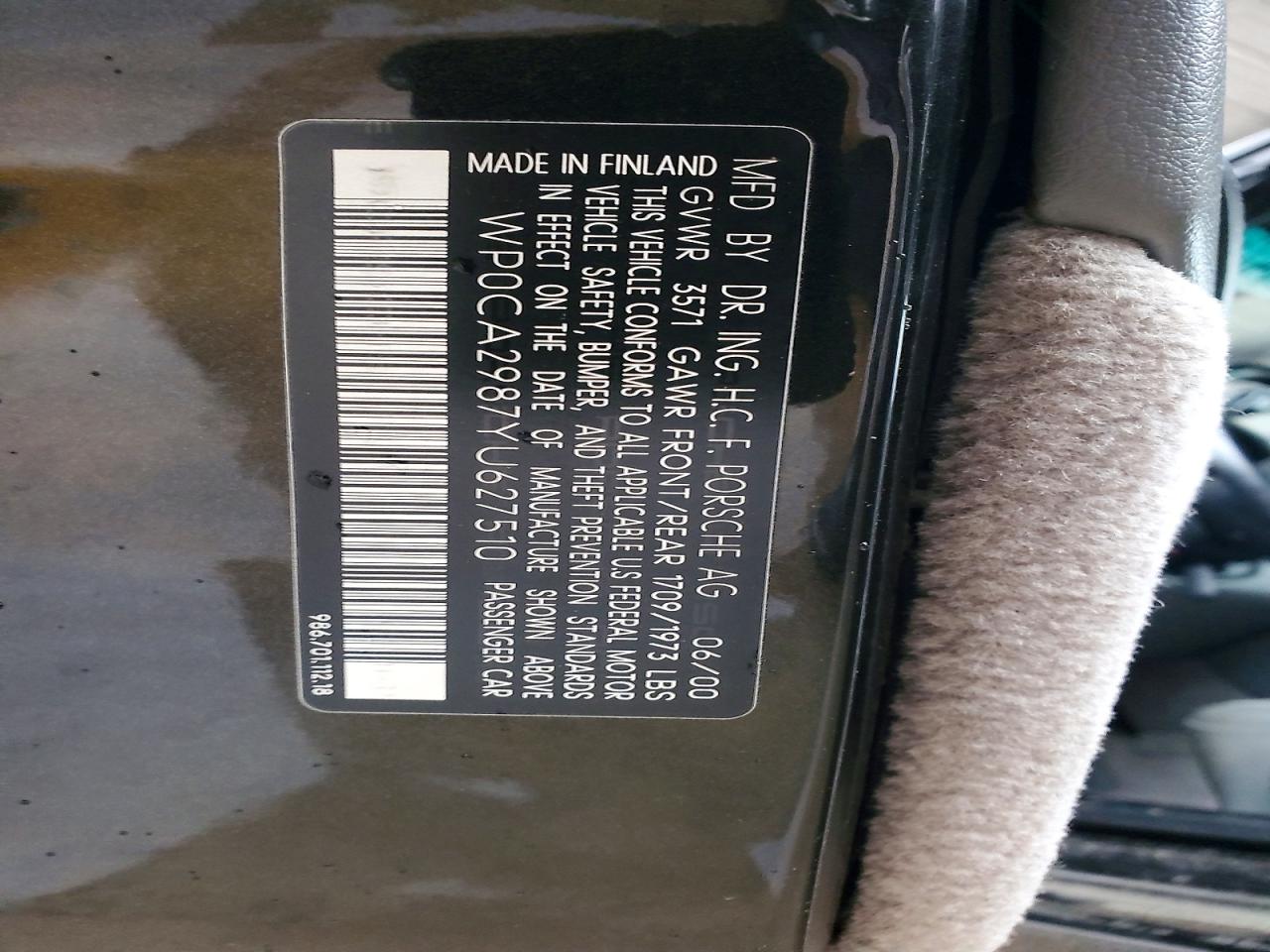 2000 Porsche Boxster Black vin: WP0CA2987YU627510