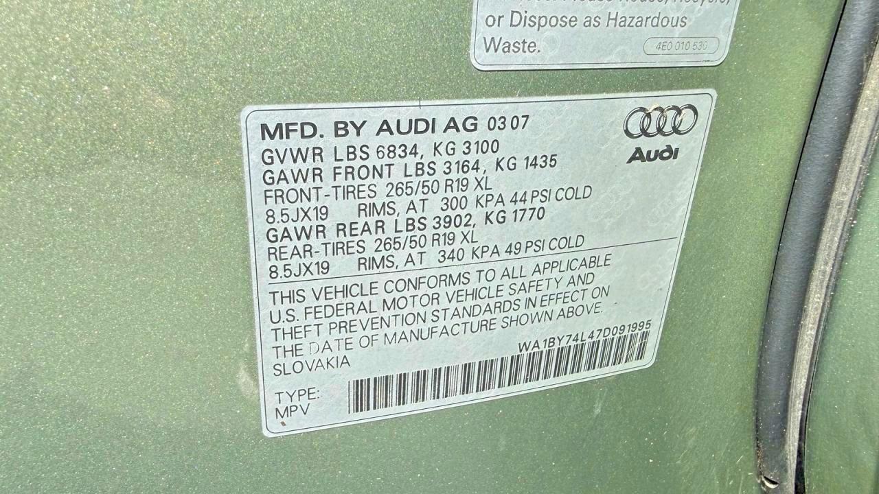 2007 Audi Q7 3.6 Quattro Premium Зеленый vin: WA1BY74L47D091995
