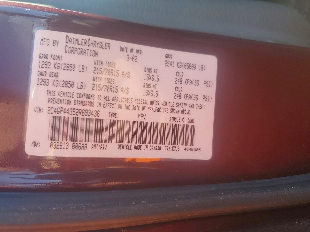 2002 Chrysler Town & Country Lx Maroon vin: 2C4GP44352R693436