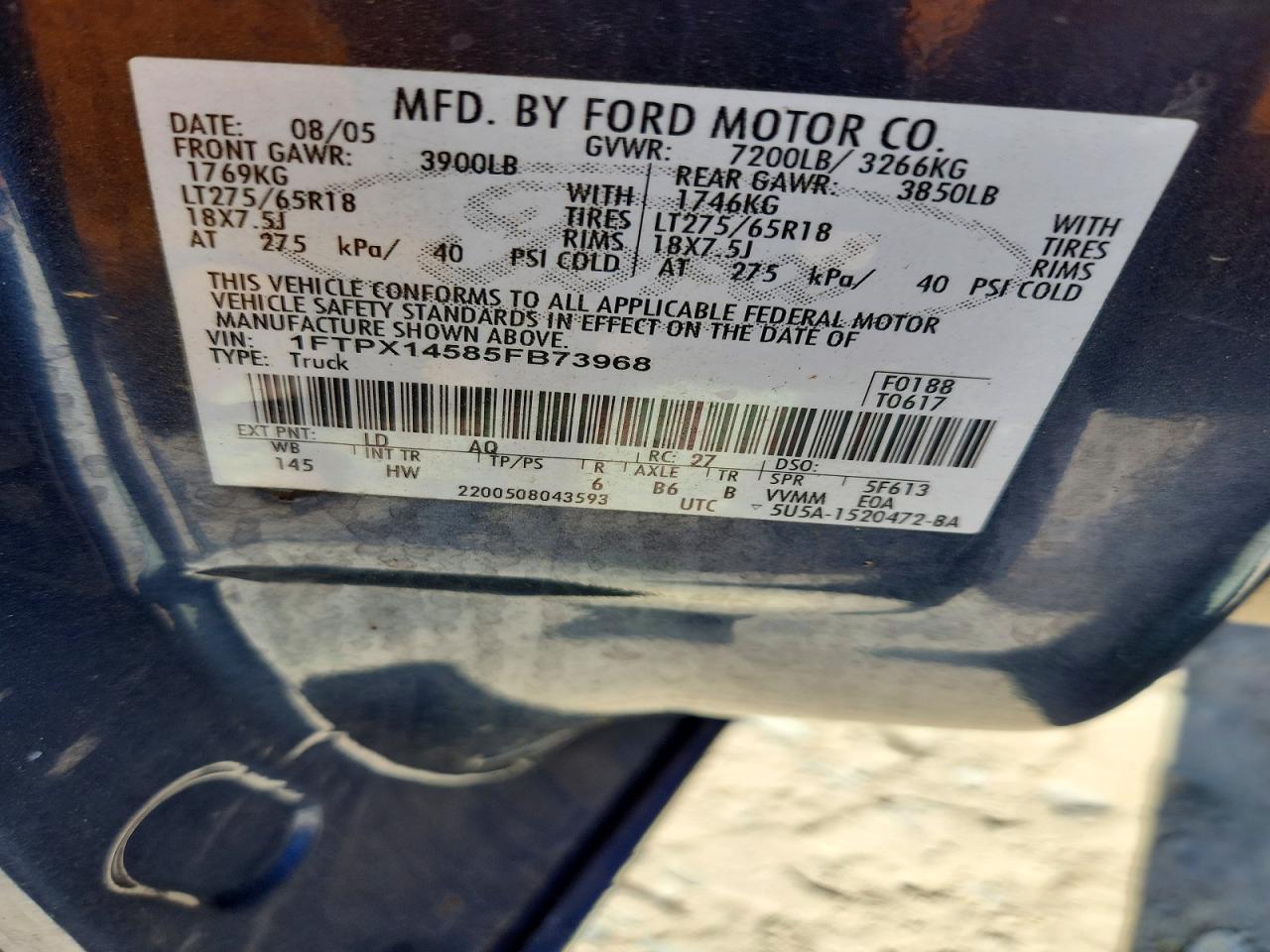 2005 Ford F150 Blue vin: 1FTPX14585FB73968