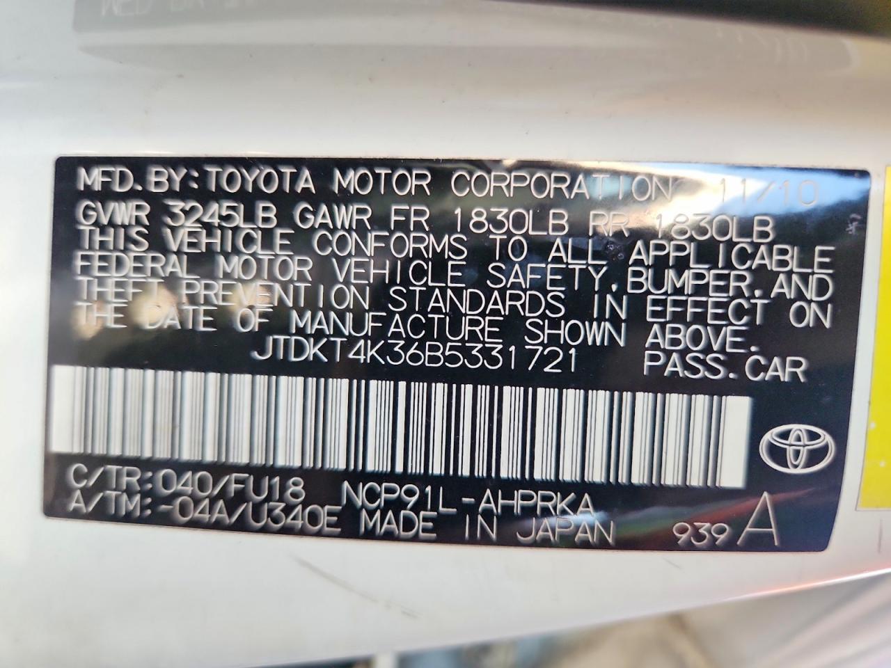 2011 Toyota Yaris Base Белый vin: JTDKT4K36B5331721