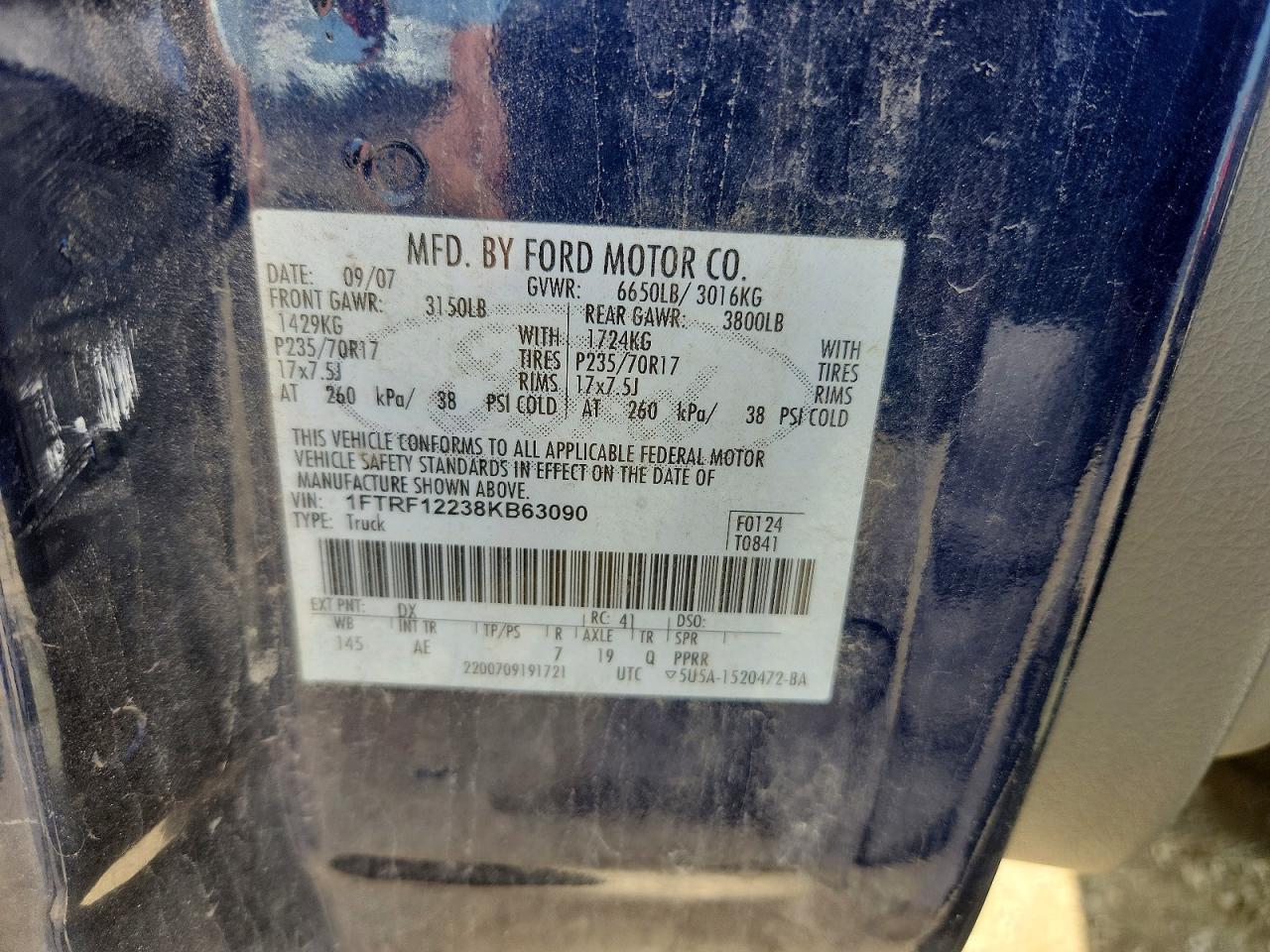2008 Ford F150 Blue vin: 1FTRF12238KB63090