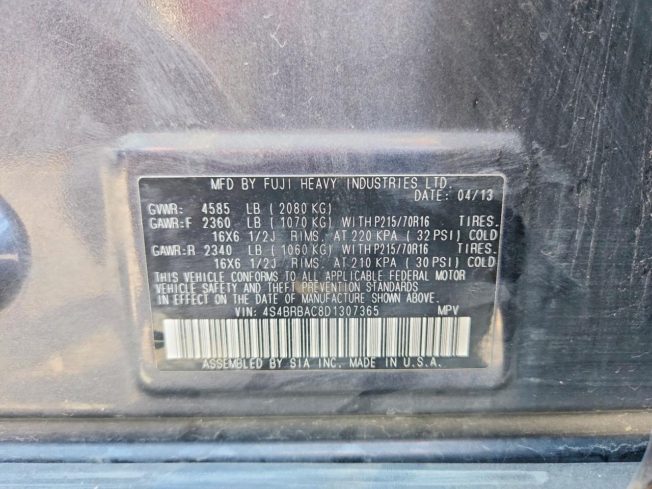 2013 Subaru Outback 2.5i Black vin: 4S4BRBAC8D1307365