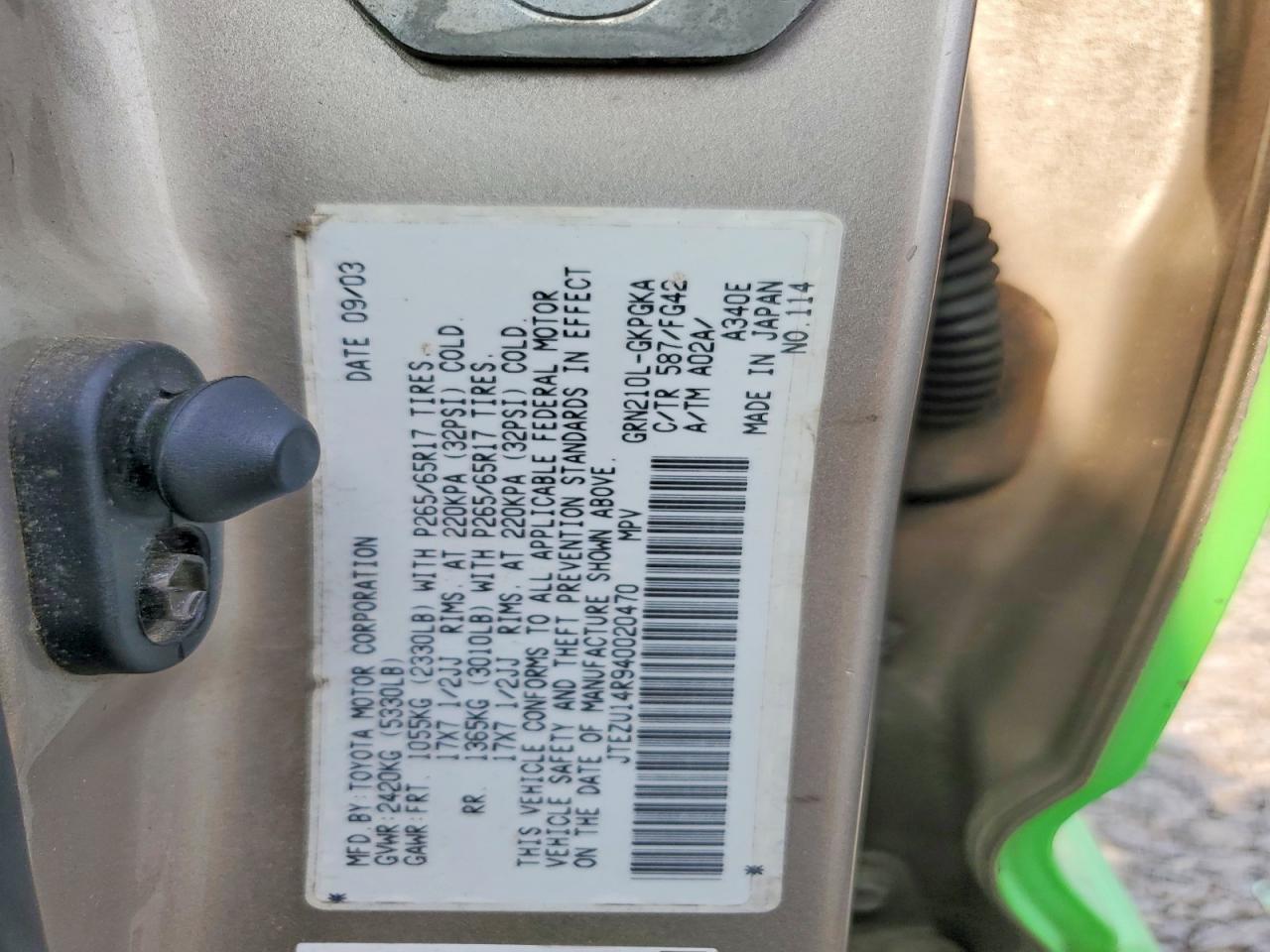2004 Toyota 4runner Sr5 Green vin: JTEZU14R940020470