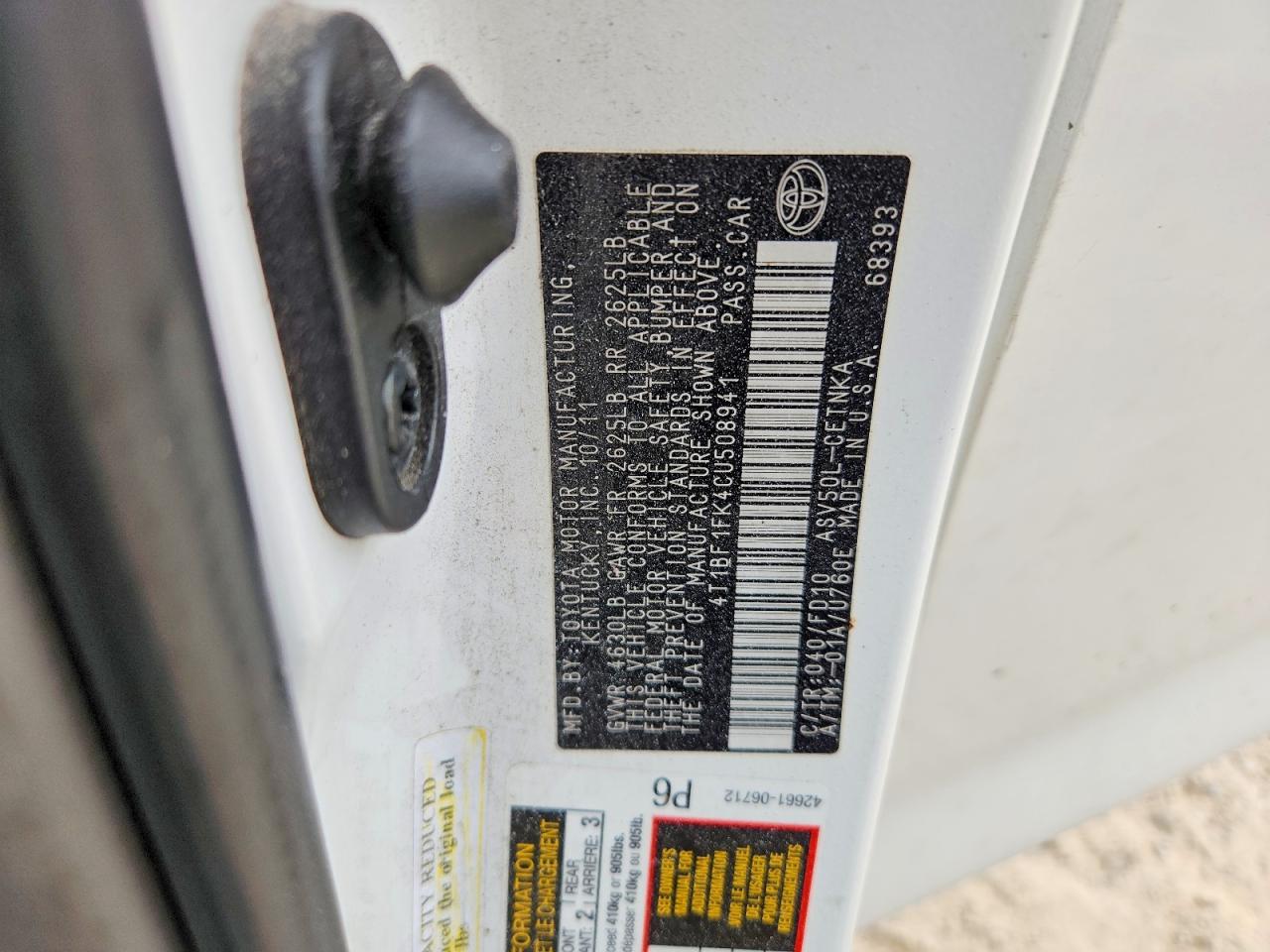 2012 Toyota Camry Le White vin: 4T1BF1FK4CU508941