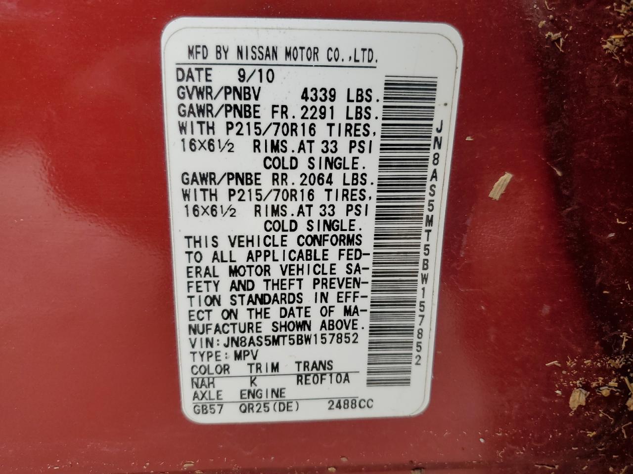2011 Nissan Rogue S Red vin: JN8AS5MT5BW157852