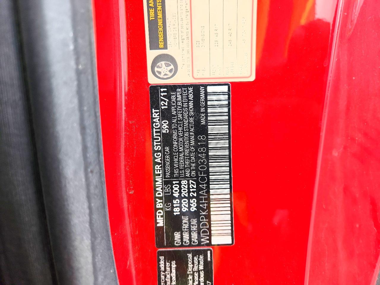 2012 Mercedes-benz Slk 250 Red vin: WDDPK4HA4CF034818
