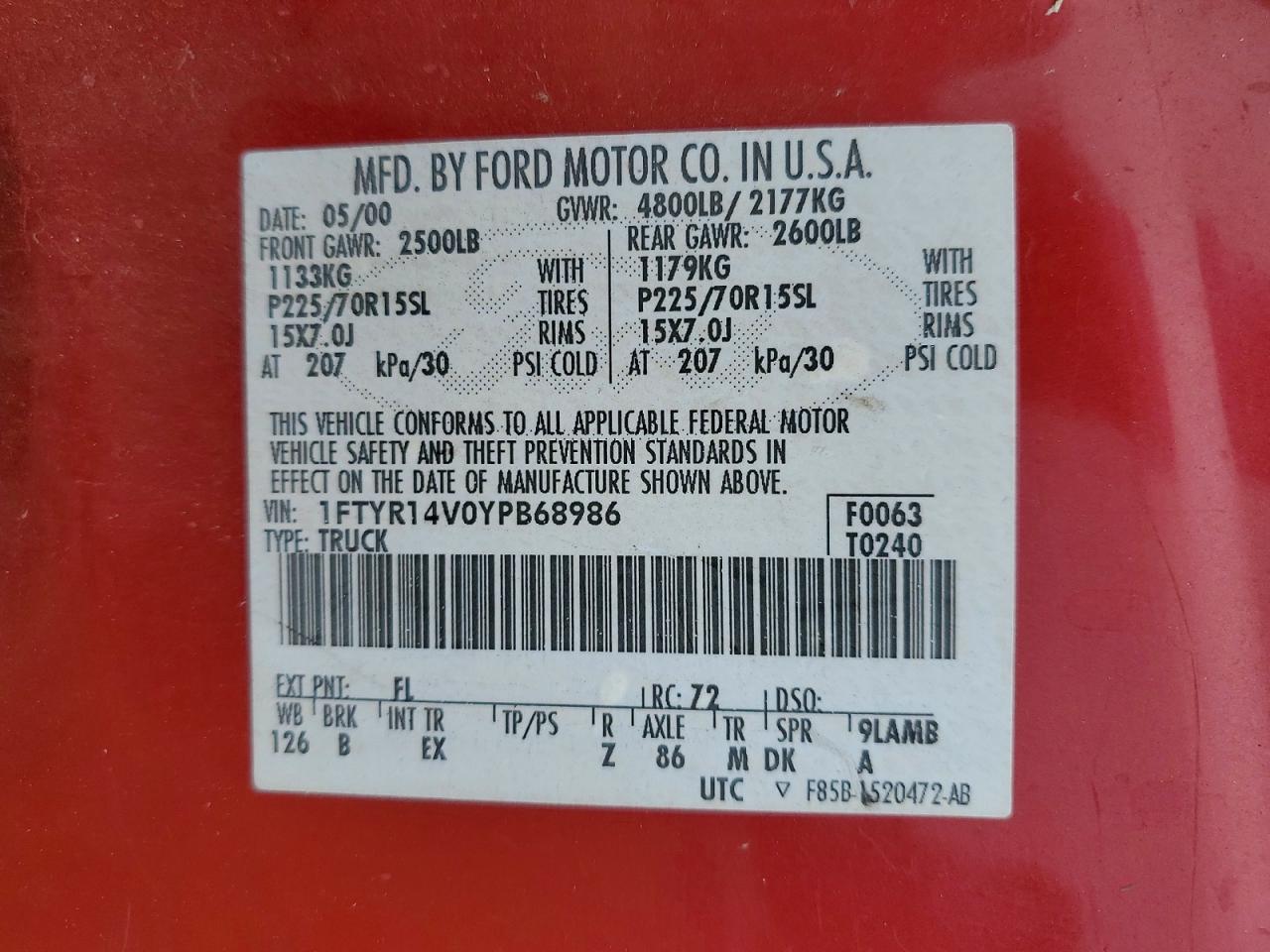 2000 Ford Ranger Super Cab Red vin: 1FTYR14V0YPB68986