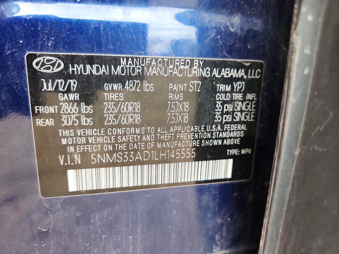 2020 Hyundai Santa Fe Sel Blue vin: 5NMS33AD1LH145555