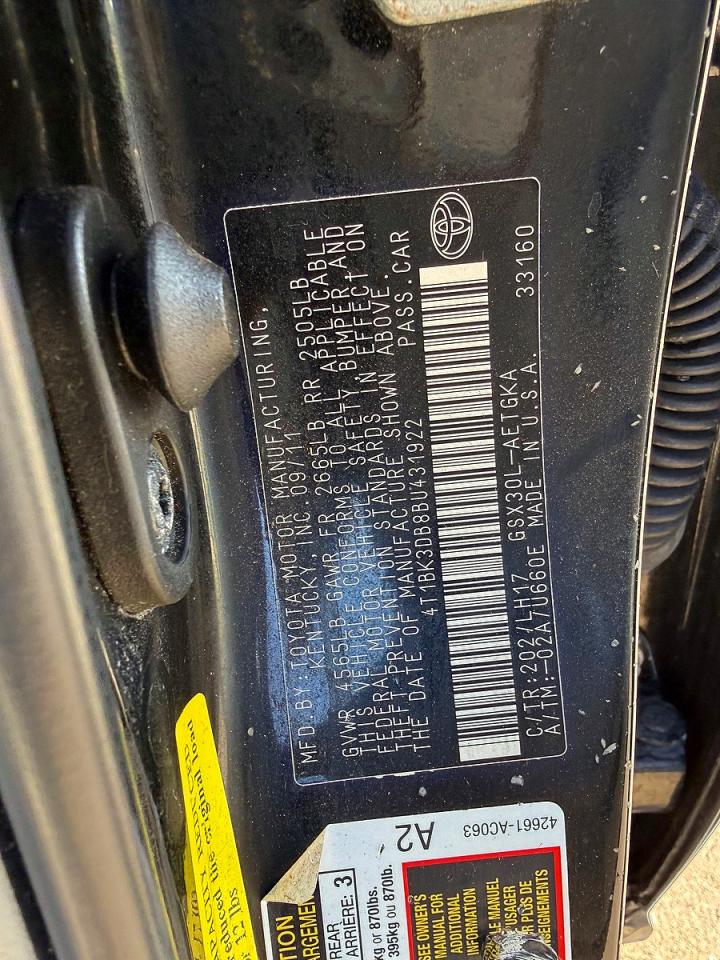 2011 Toyota Avalon Base Black vin: 4T1BK3DB8BU431922