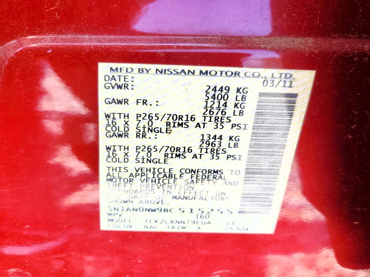 2011 Nissan Xterra X Red vin: 5N1AN0NW9BC515255