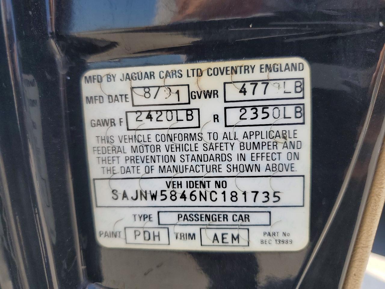 1992 Jaguar Xjs Black vin: SAJNW5846NC181735