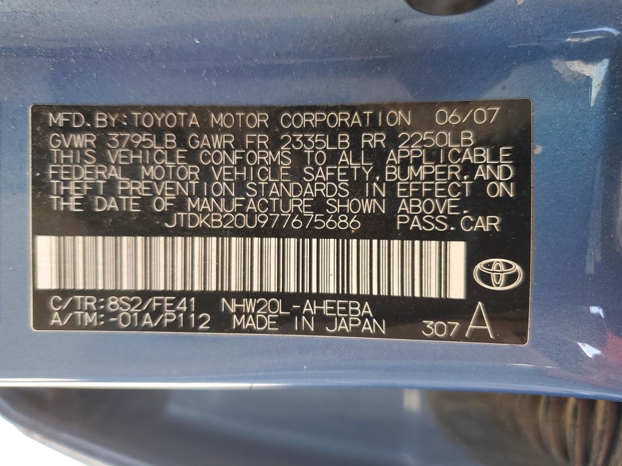 2007 Toyota Prius Base Blue vin: JTDKB20U977675686