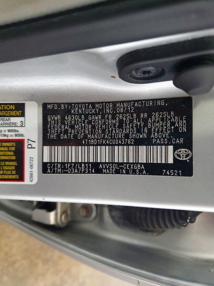 2012 Toyota Camry Hybrid Xle Silver vin: 4T1BD1FK4CU043762