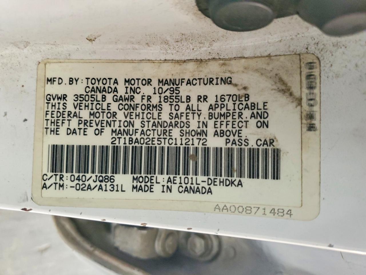 1996 Toyota Corolla Base White vin: 2T1BA02E5TC112172