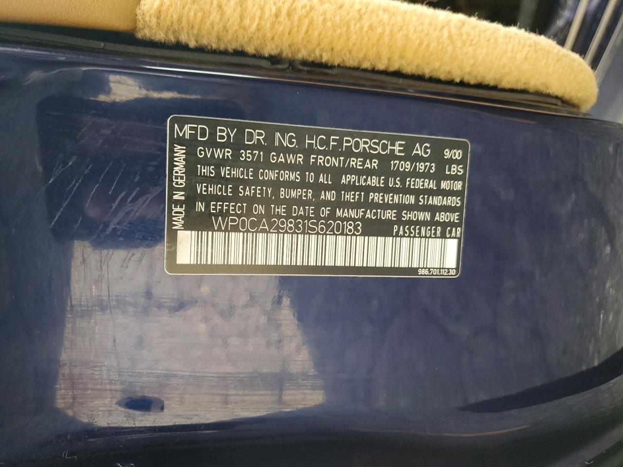 2001 Porsche Boxster Blue vin: WP0CA29831S620183