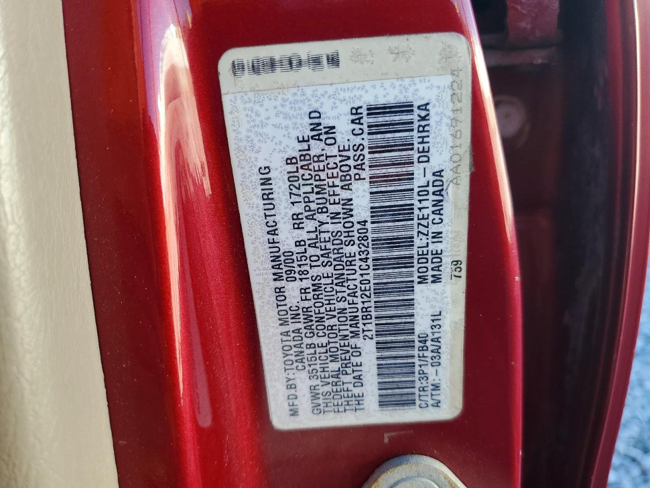 2001 Toyota Corolla Ce Red vin: 2T1BR12E01C432804