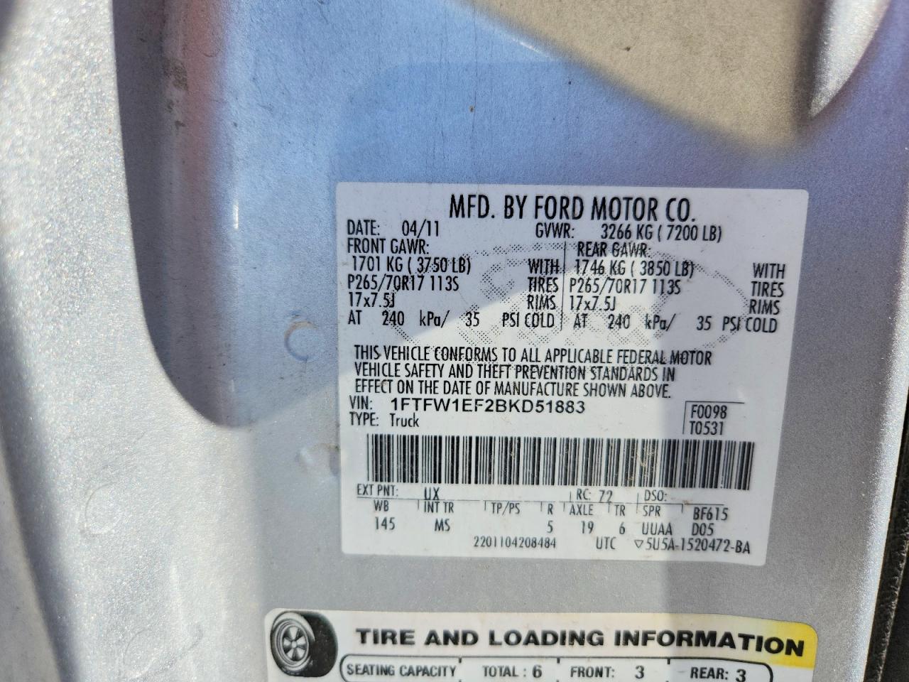 2011 Ford F150 Supercrew Silver vin: 1FTFW1EF2BKD51883