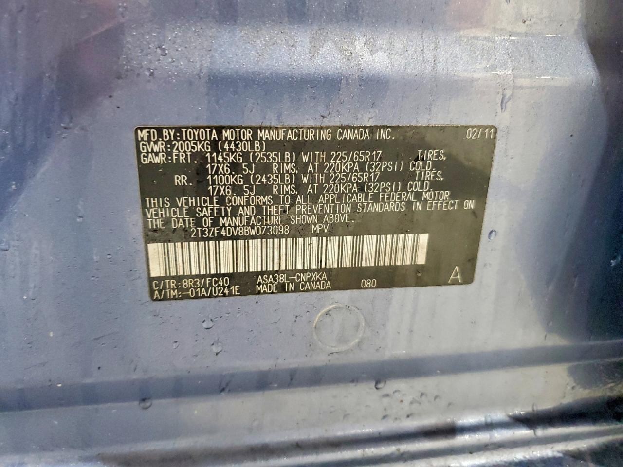 2011 Toyota Rav4 Base Blue vin: 2T3ZF4DV8BW073098