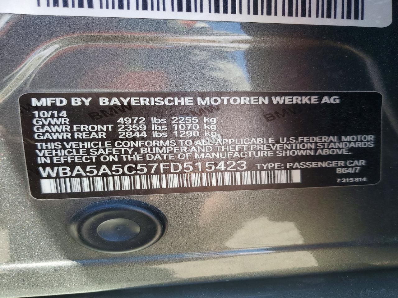 2015 Bmw 528 I Charcoal vin: WBA5A5C57FD515423