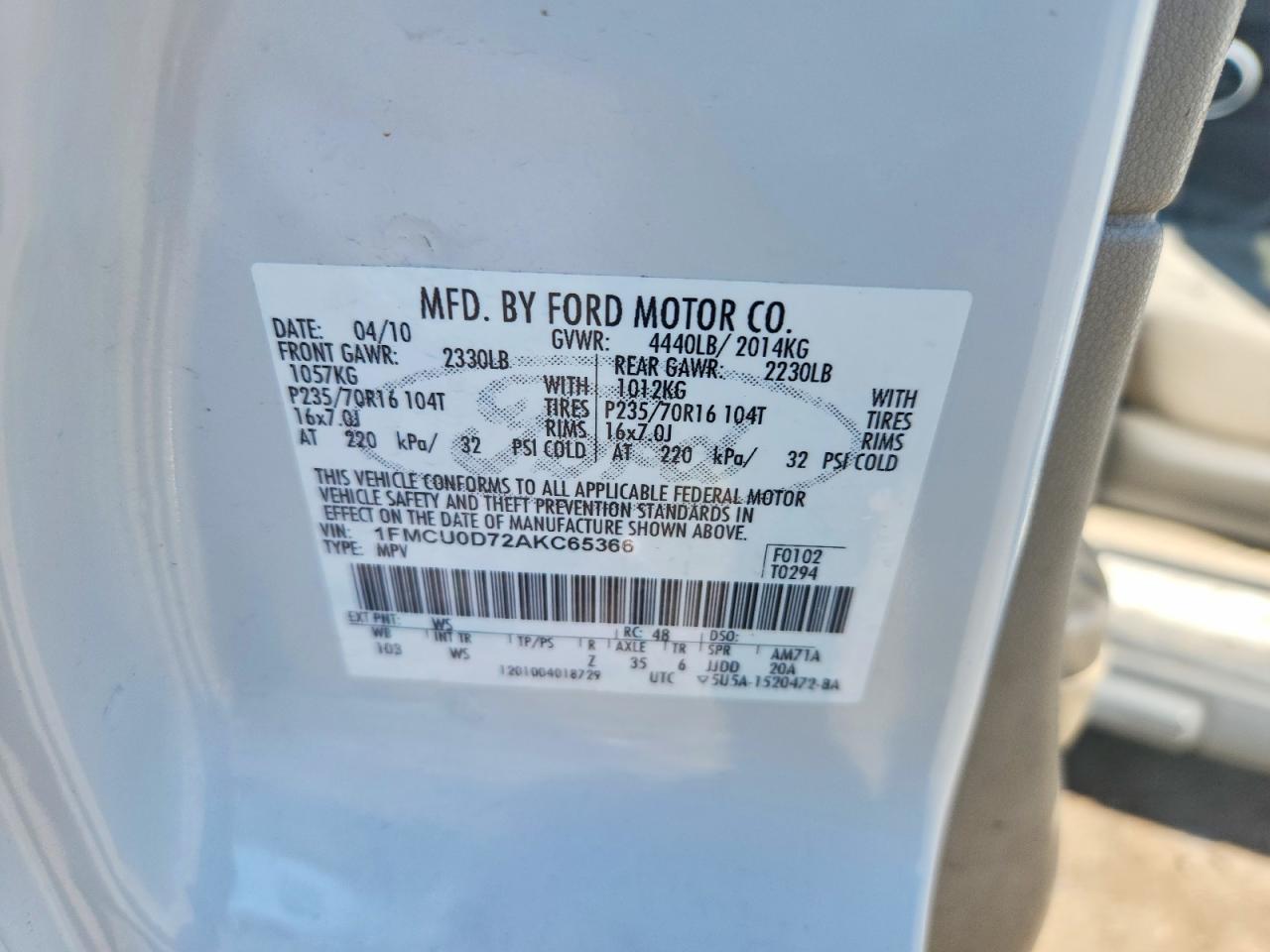 2010 Ford Escape Xlt White vin: 1FMCU0D72AKC65366