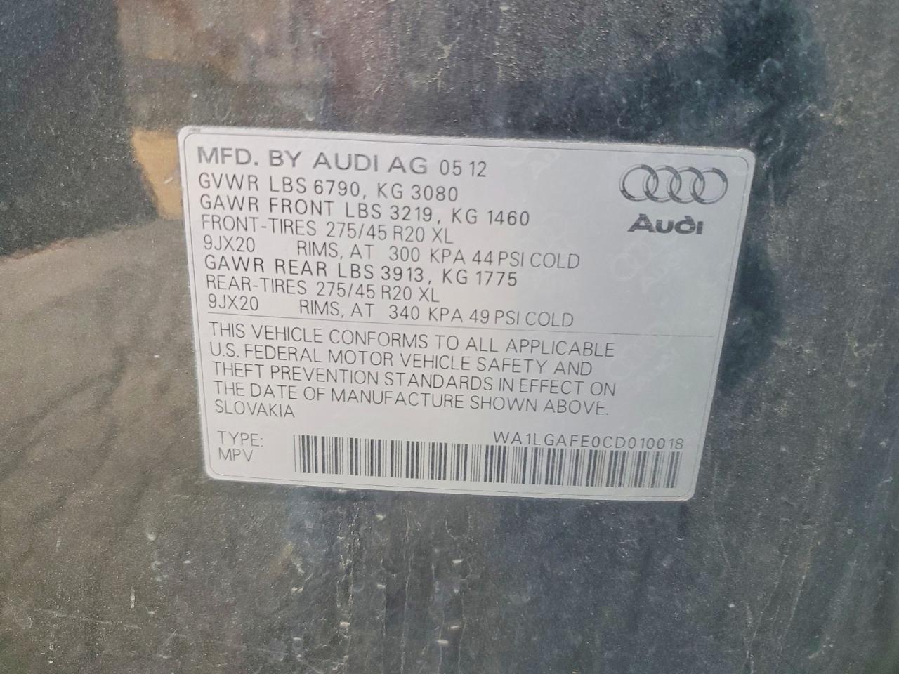 2012 Audi Q7 Premium Plus Gray vin: WA1LGAFE0CD010018