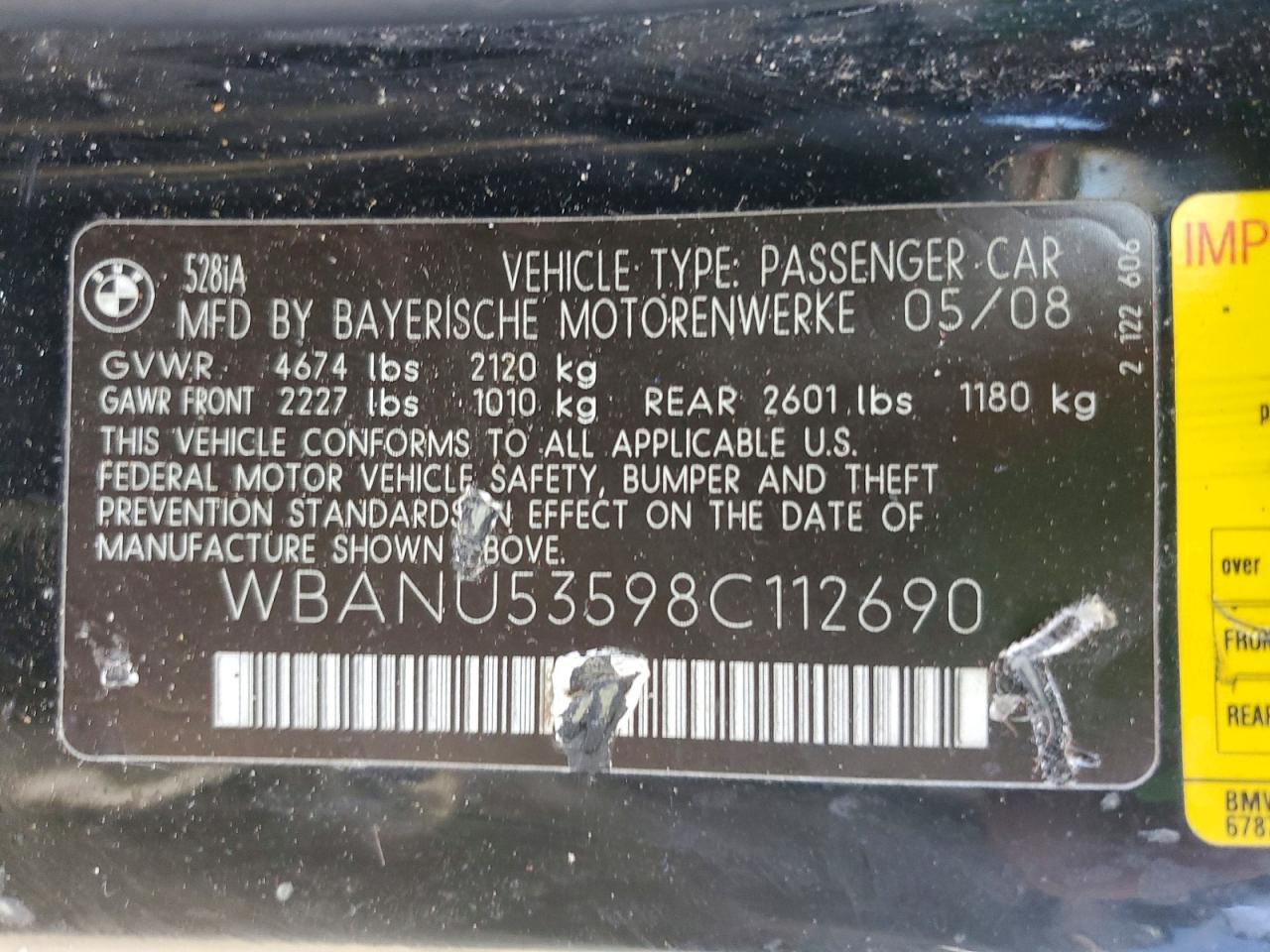 2008 Bmw 528 I Черный vin: WBANU53598C112690