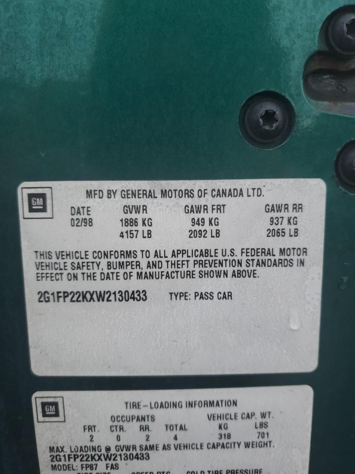 1998 Chevrolet Camaro Green vin: 2G1FP22KXW2130433