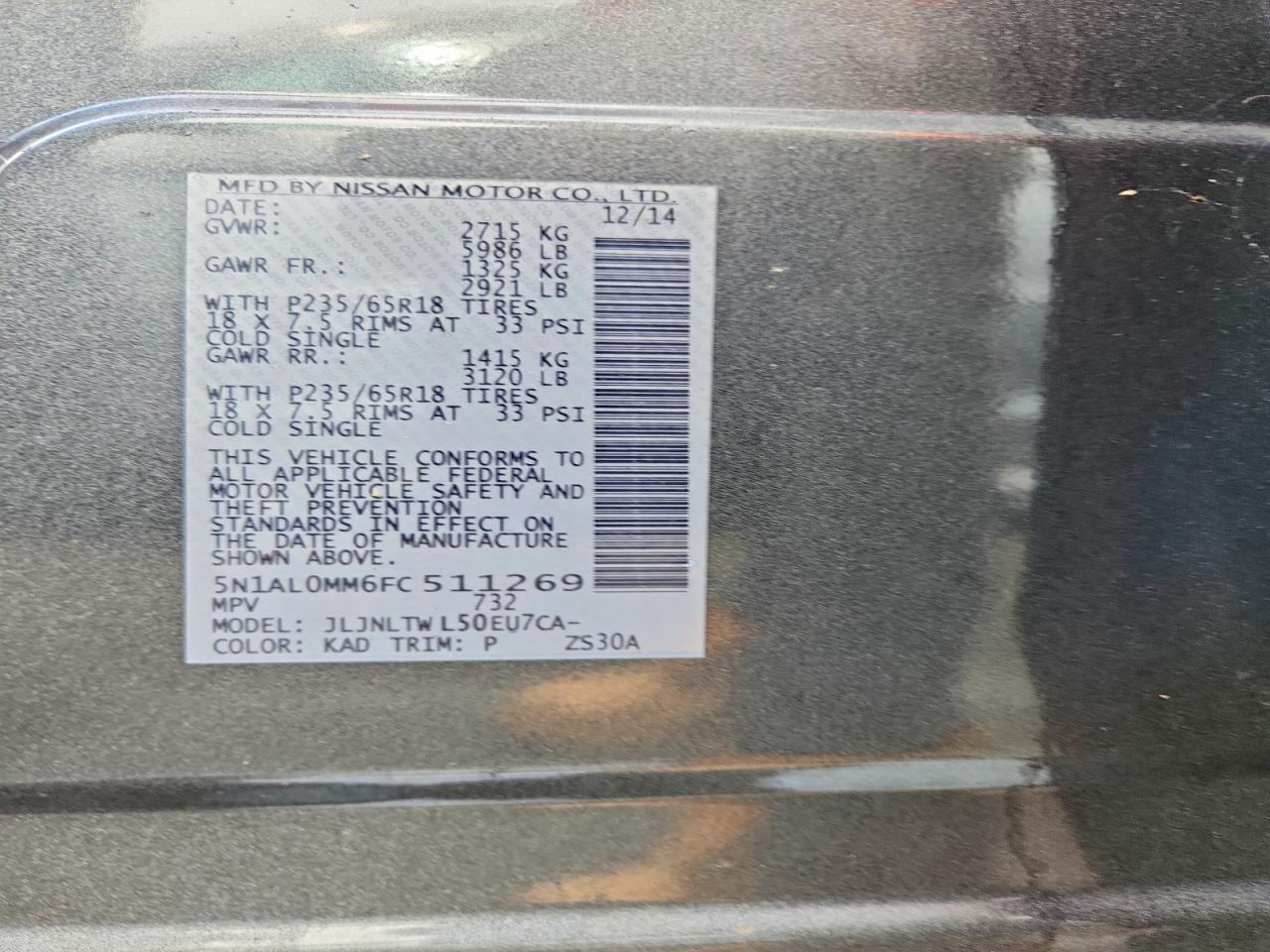 2015 Infiniti Qx60 Base Gray vin: 5N1AL0MM6FC511269